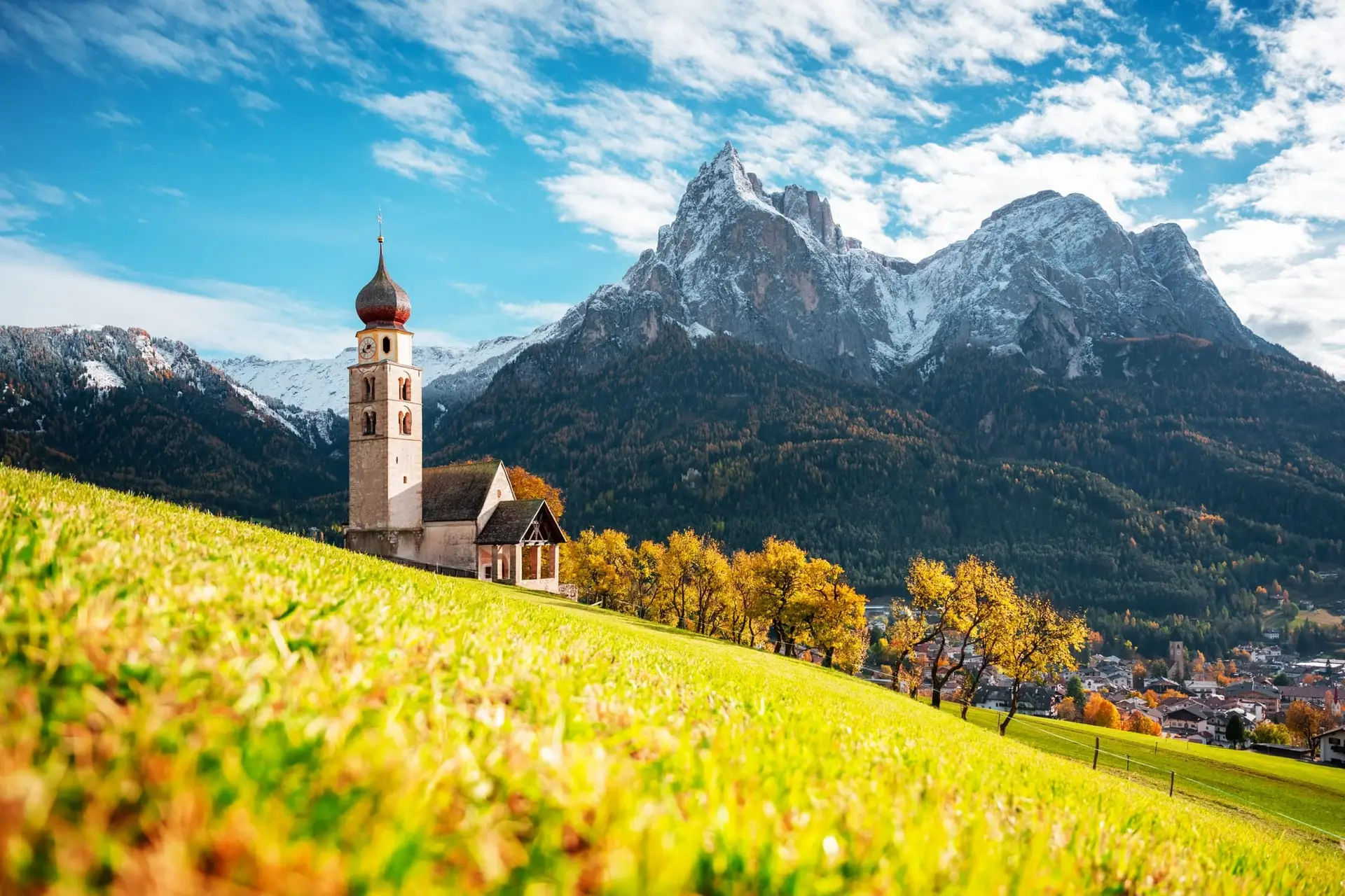 St. Valentin Kastelruth Village Church at the autumn Dolomite Alps