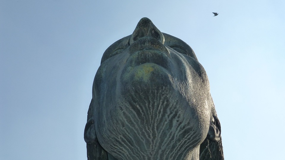 Vista inferiore statua leone con uccello in lontananza.