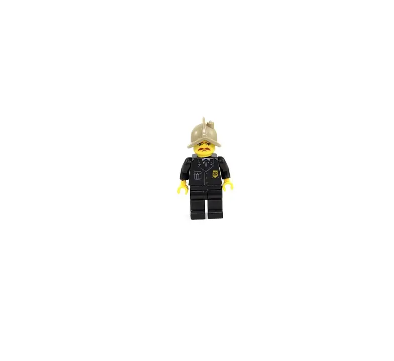 Minifigura Lego pompiere con elmetto.